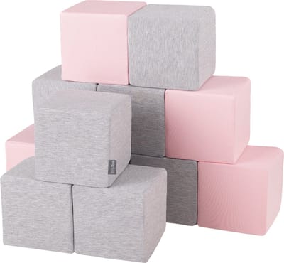 KiddyMoon Zachte Blokken voor Baby 12 Stuks - Montessori speelgoed 1 jaar - Speelmat foam - Foam blokken speelgoed kinderen XXL - Montessori baby - Zachte baby speelgoed - Schuimrubber speeltoestel - Baby speeltuin - Lichtgrijs-Roze