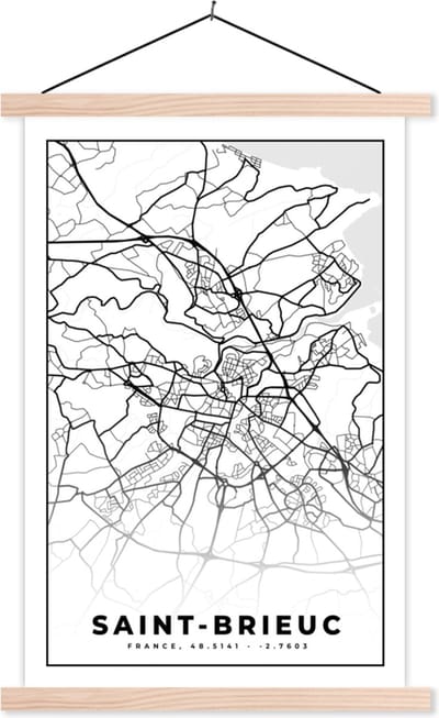 Posterhanger incl. Poster 40x60 cm - Schoolplaat - Stadskaart – Frankrijk – Kaart – Saint-Brieuc - Plattegrond - Zwart wit - Textielposter - Blanke latten - Stadskaart