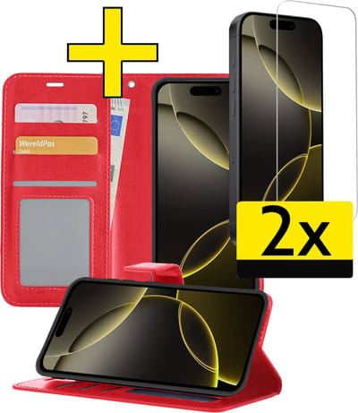 Hoesje - Met 2x Screenprotector - Geschikt voor Apple iPhone 16 Pro - Luxe Pasjeshouder - Bookcase Portemonee - Flip Case - Kunstleer Book Case - Flipcase Hoes - Book Cover - Walletcase - Portemonneehoes - Telefoonhoesjes - Rood