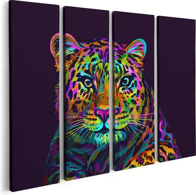 Artaza Canvas Schilderij Vierluik Kleurrijke Luipaard - Abstract - 80x60 - Foto Op Canvas - Canvas Print