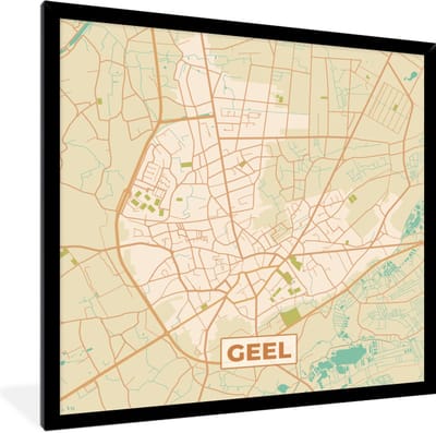 Fotolijst incl. Poster - Kaart - Retro - Stadskaart - Plattegrond - Geel - 40x40 cm - Posterlijst