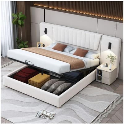 Lit rembourré - MUVOE - 180x200 cm - Beige - Dossier allongé - Lampes de lecture USB beige