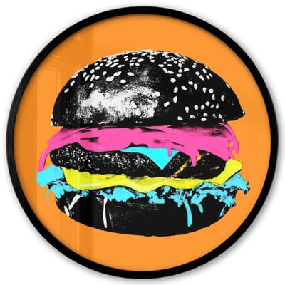 Poster in lijst Rond - Fotolijst 40x40 cm - Posters - Hamburger - Oranje - Neon - popart - Ronde posterlijst zwart - Decoratie - Wanddecoratie woonkamer - Muurdecoratie slaapkamer