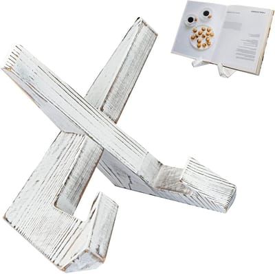 Kookboekstandaard van hout - receptenhouder voor kookboek, tablet en magazine - stabiel en decoratief - wit - 21,5 x 12,5 x 16,5 cm - hout voor keuken en aanrecht