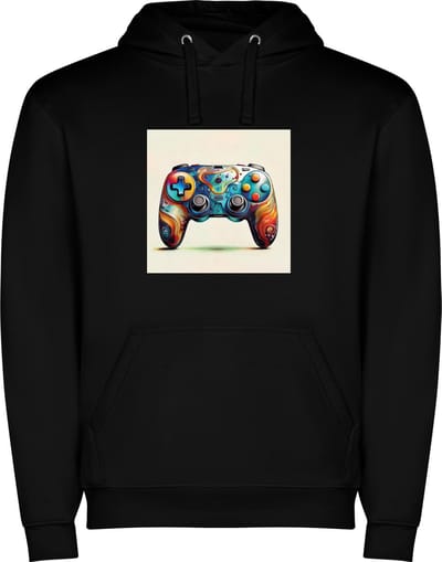 Zwarte unisex hoodie met “ Kleurrijke Game Controller“ Print Full Color merk Roly maat S
