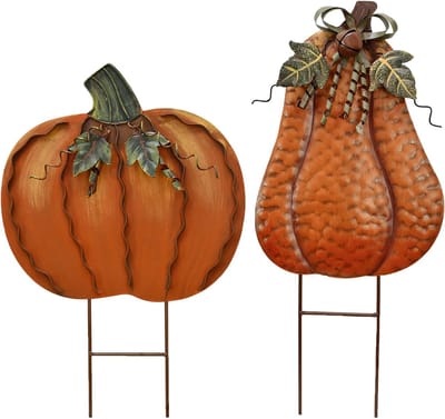 Metalen Pompoen Palen - Tuin Decoratie - Herfst Versiering - Set van Twee - 17.5" + 20" Hoog - Oranje