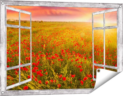 Gards Tuinposter Doorkijk Rode Klaproos Bloemenveld - Zonsondergang - 90x60 cm - Tuindoek - Tuindecoratie - Wanddecoratie buiten - Tuinschilderij