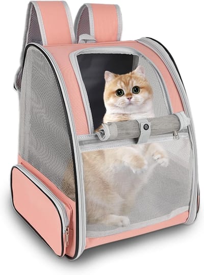 KZQ Kattenrugzak - Ademende netrugzak voor katten, honden en konijnen - Lichtgewicht en ademend, comfortabel en prettig - Ideaal voor wandelen, kamperen en reizen - Roze - 35 x 29 x 41 cm