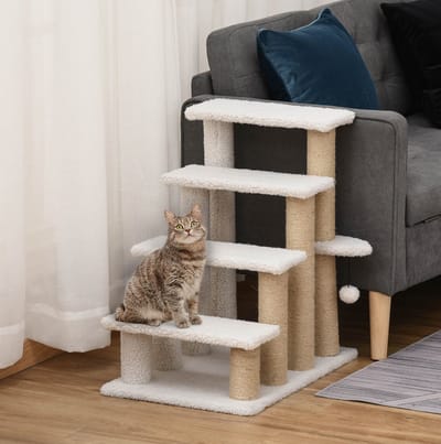 HAUSS SPOLE Krabmeubel – 4-Traps Huisdierentrap Met Krabpaal – 60 x 40 x 64 Cm – Multiplex, Pluche En Jute – Wit – Voor Katten En Kleine Honden