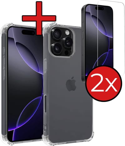 Hoesje - Met Screenprotector - 2 Stuks - Geschikt voor Apple iPhone 16 Pro - Sterk & Shockproof - Back Cover - Siliconen Case - Telefoon Hoes - Shock Proof - Telefoonhoes - Transparant