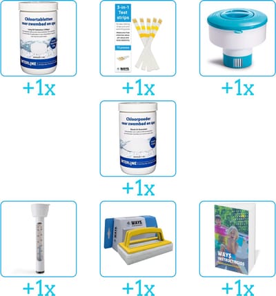 Zwembad Onderhoudspakket - Onderhoud Zwembad - bevat Chloor - Testrips - Chloordrijver - Chloor - Thermometer - Scrubborstel en Zwembadgids (7-delig)