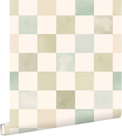ESTAhome behang geblokt motief beige, blauw en groen - 50 x 900 cm - 131718