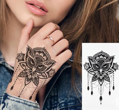 Tattoo - neptattoo volwassenen - tijdelijke tattoo - 1 Vel - Hand Uil