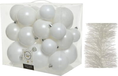 Kerstversiering kunststof kerstballen 6-8-10 cm met folieslingers pakket winter wit van 28x stuks - Kerstboomversiering