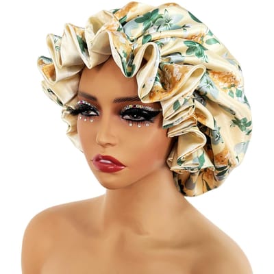 Vrouwen satijnen muts dubbellaags zijdezachte grote muts voor dames met print slaapmuts hoofddoek