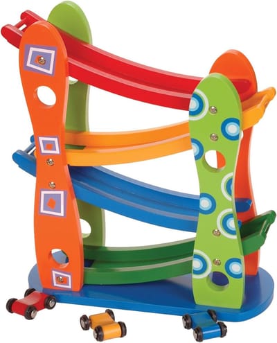 Houten Speelbaan - Autobaan Racebaan - Kinderen Spelen - Waterval Hellingen - 24 x 10 x 29 cm - Kleurrijk