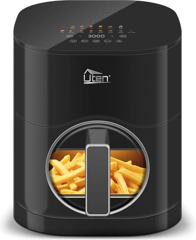 Uten Airfryer XXL 200E - Dual Blaze Technologie - Hetelucht friteuse - 5.5 liter - 14 programma's - 40ºC tot 200ºC - PFAS vrij - 2000W - Rond Venster - Zwart