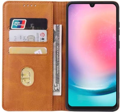 Smartphonica Samsung Galaxy A24 4G kunstleren hoesje met magnetische sluiting en pashouders book case - Bruin geschikt voor Samsung Galaxy A24 4G
