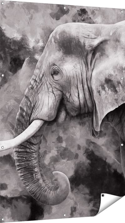 Gards Tuinposter Olifant - Abstract - Zwart Wit - 100x150 cm - Tuindoek - Tuindecoratie - Wanddecoratie buiten - Tuinschilderij