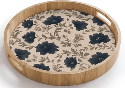 Dienblad rond 40x40 cm - Schootdienblad hout - Motief - Bloemen - Zwart - Beige - Borrelplank rechthoek - Plateau houten dienbladen