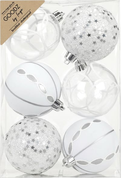 Inge Christmas Goodz luxe kerstballen - 6x - 8 cm - kunststof - zilver/wit