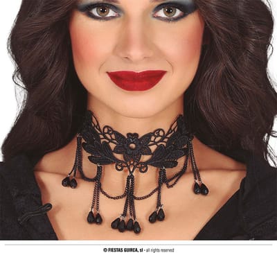 Fiestas Guirca - Choker zwart met steentjes en bloemenprint - Halloween - Halloween accessoires - Halloween verkleden
