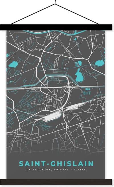 Posterhanger incl. Poster 40x60 cm - Schoolplaat - Stadskaart – Grijs - Kaart – Saint Ghislain – België – Plattegrond - Textielposter - Zwarte latten - Stadskaart