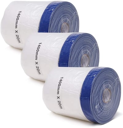 Afdekfolie met tape - Afplakfolie schilderen - Schilderwerk afdekken - UV-bestendige tape - 3 rollen 1400mm x 20m - Blauw/Transparant