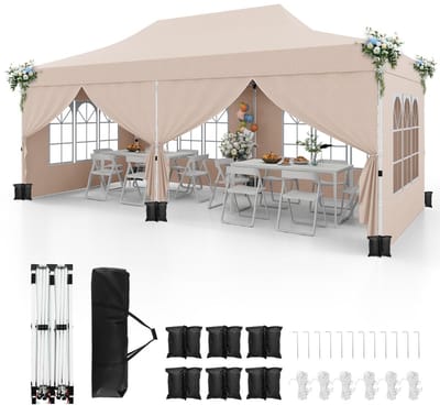 Partytent opvouwbaar - Paviljoen - 300 x 600 cm - Easy up - Waterdicht - met Zijwanden - Weerbestendig - Beige
