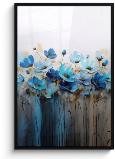 Poster in lijst - Fotolijst 80x120 cm - Posters - Bloemen - Schilderij - Blauw - Posterlijst zwart - Decoratie - Wanddecoratie woonkamer - Muurdecoratie slaapkamer