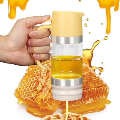 Glazen Honingdispenser - Anti-Drup - 300ml - Borosilicaatglas - Geel/Transparant - Honingpot met Doseerknop - Siroopdispenser - Strooppot - Druppelvrij - Keukenaccessoires - Glazen Voorraadpot - Jarabe Dispenser - Honingfles