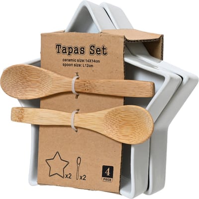 Decoris - Tapasset in wit porselein - set van 2 schaaltjes met bamboe lepeltjes