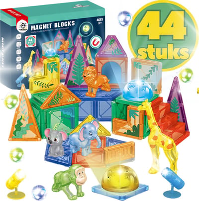 BoefieBoef Magnetisch Speelgoed - 44-delig Jungle Dieren Magnetic Tiles - Educatief Constructiespeelgoed met Licht - Kinder Bouwblokken voor Peuters & Kleuters 3+ jaar - Compatibel met Magna-Tiles & Magformers - jongens & meisjes VerjaardagsCadeau