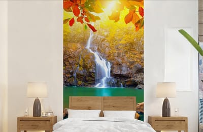 Behang - Fotobehang Stenen - Boom - Waterval - Herfst - Rood - Breedte 120 cm x hoogte 240 cm