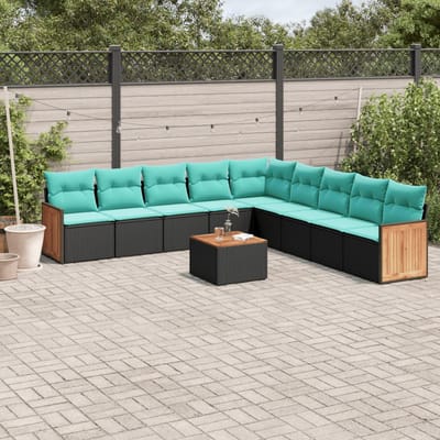 vidaXL - 10-delige - tuinbankset - met - kussens - van - zwart - polyrotan