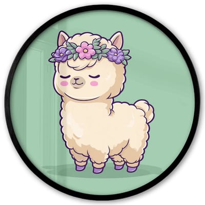 Poster in lijst Rond - Fotolijst 40x40 cm - Posters - Alpaca - Groen - Bloemendiadeem - Ronde posterlijst zwart - Decoratie - Wanddecoratie woonkamer - Muurdecoratie slaapkamer