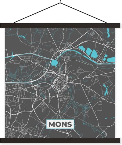 Posterhanger incl. Poster 60x60 cm - Schoolplaat - België – Mons – Stadskaart – Kaart – Blauw – Plattegrond - Textielposter - Zwarte latten - Stadskaart