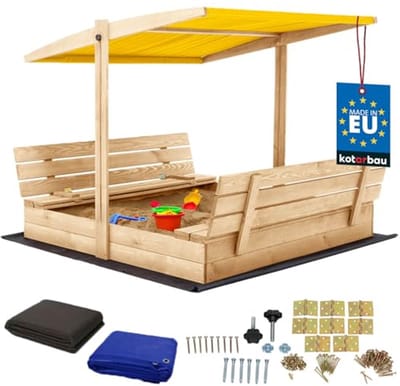 KOTARBAU® Houten Zandbak - 140 x 140 cm - Natuurlijk - Zandbak met Bankjes - met Geel Dak - en Grondzeil - voor Tuin - Buitenspeelgoed