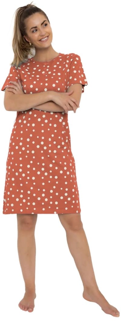 Cocodream dames nachthemd korte mouw - 100% katoen - maat L - Flower dots - perzik