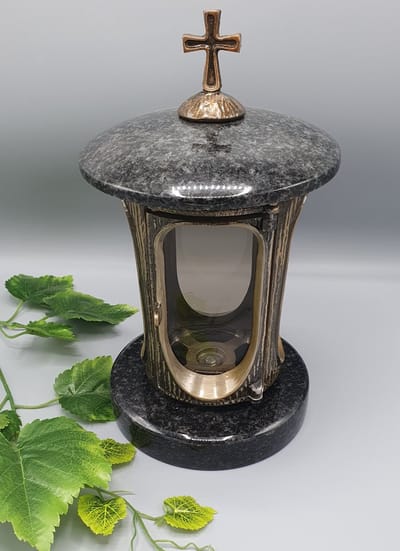 Lantaren - Graniet - Impala - Goud/Brons - Kruis - Rond - Aluminium - Grafdecoratie - Graflantaren - Herdenkingslicht