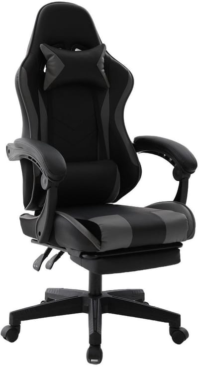 Delman Ergonomische Gaming Stoel met Voetensteun en Hoofdkussen – Verstelbare Gaming Bureaustoel van PU Leer – Gamer Stoel met Lendensteun, 135° Kantelbaar, 360° Draaibaar, Belastbaar tot 150 kg