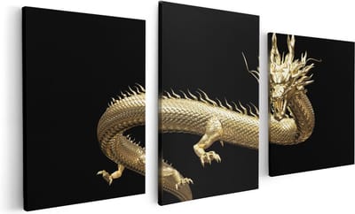 Artaza Canvas Schilderij Drieluik Gouden Draak - 120x60 - Foto Op Canvas - Canvas Print