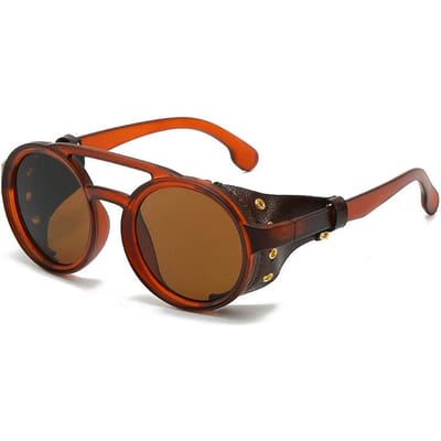 Nieuwe Retro Steampunk Zonnebril voor Mannen Vrouwen Leer Rond Vintage Bril Anti Wind UV400 Buitensporten brown