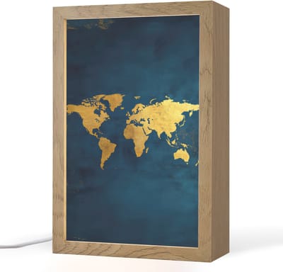 Tafellamp 20x30 cm - LED lamp - Wereldkaart - Goud - Donkerblauw - Decoratieve tafellampen - Dimbaar - Tafellampje slaapkamer - Woonkamer binnen