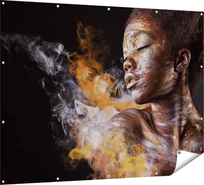 Gards Tuinposter Afrikaanse Vrouw met Zilver en Goud - 160x120 cm - Tuindoek - Tuindecoratie - Wanddecoratie buiten - Tuinschilderij