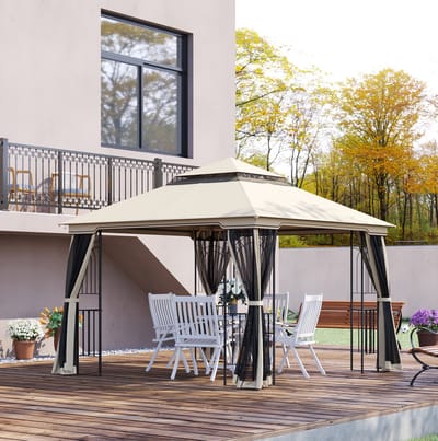 HAUSS SPOLE Paviljoen - 2,99 x 2,99 m - Dubbel Dak - Metaal en Polyester - Beige - Met 4 Afneembare Zijwanden voor Tuin en Terras