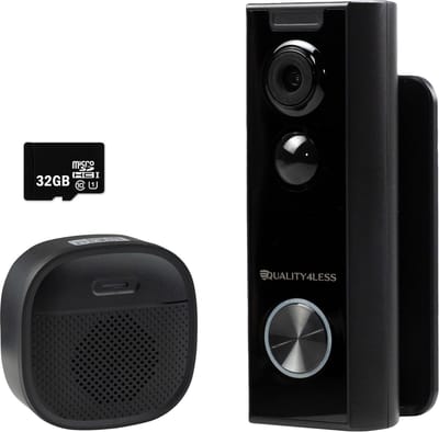 Quality4Less™ - Slimme Draadloze Video Deurbel met camera - 3MP Ultra HD - Wifi deurbel - Zonder abonnement - Incl. draadloze gong en 32GB SD-Kaart - (T-ring geluid) - Zwart
