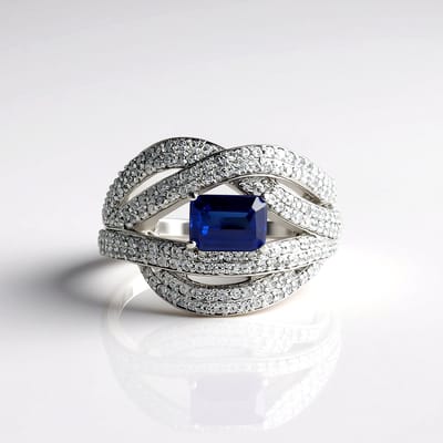 Cavill - Zilveren Ring - 925 Sterling Zilver Gerhodineerd - 1,051 ct Nepal Kyaniet Achthoek - 190 Zirkonia Pavé - Luxe Damesring - Blauwe Edelsteen