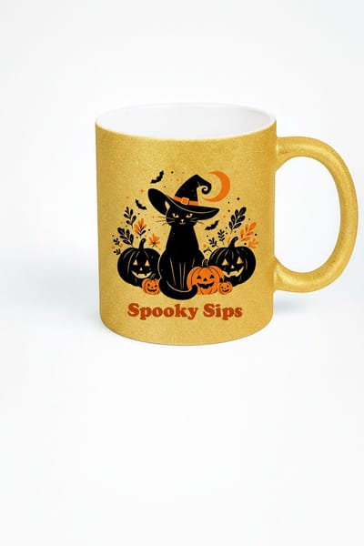 Gouden Halloween Mok - Spooky Sips met Zwarte Kat en Pompoenen
