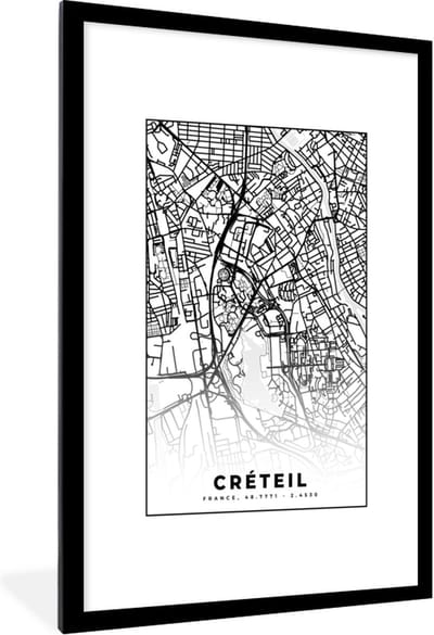 Fotolijst incl. Poster Zwart Wit- Stadskaart - Créteil - Plattegrond - Kaart - Frankrijk - Zwart wit - 80x120 cm - Posterlijst